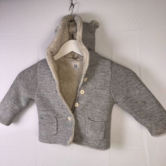 Gap Baby Boys Girls Brannan Bear Ears Hooded Sweater Gray Button-Up Sz 18-24M - Picture 2 of 5